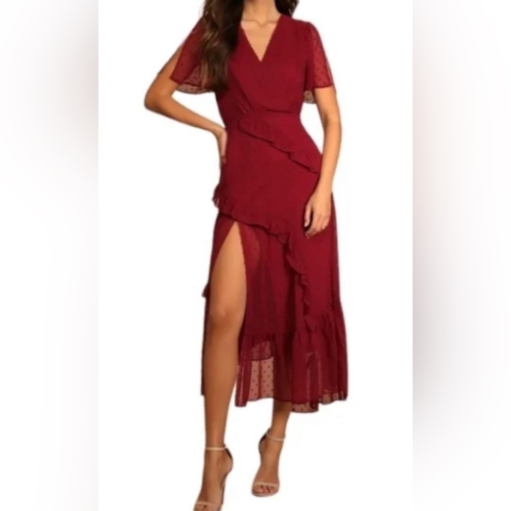 Lulu's Burgundy Ruffle Midi Dress